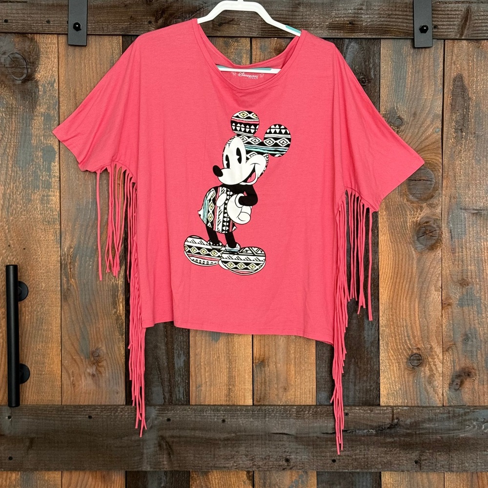 Disneyland Paris Mickey Mouse Fringe T-Shirt‎ Coral Pink Boho Graphic XL